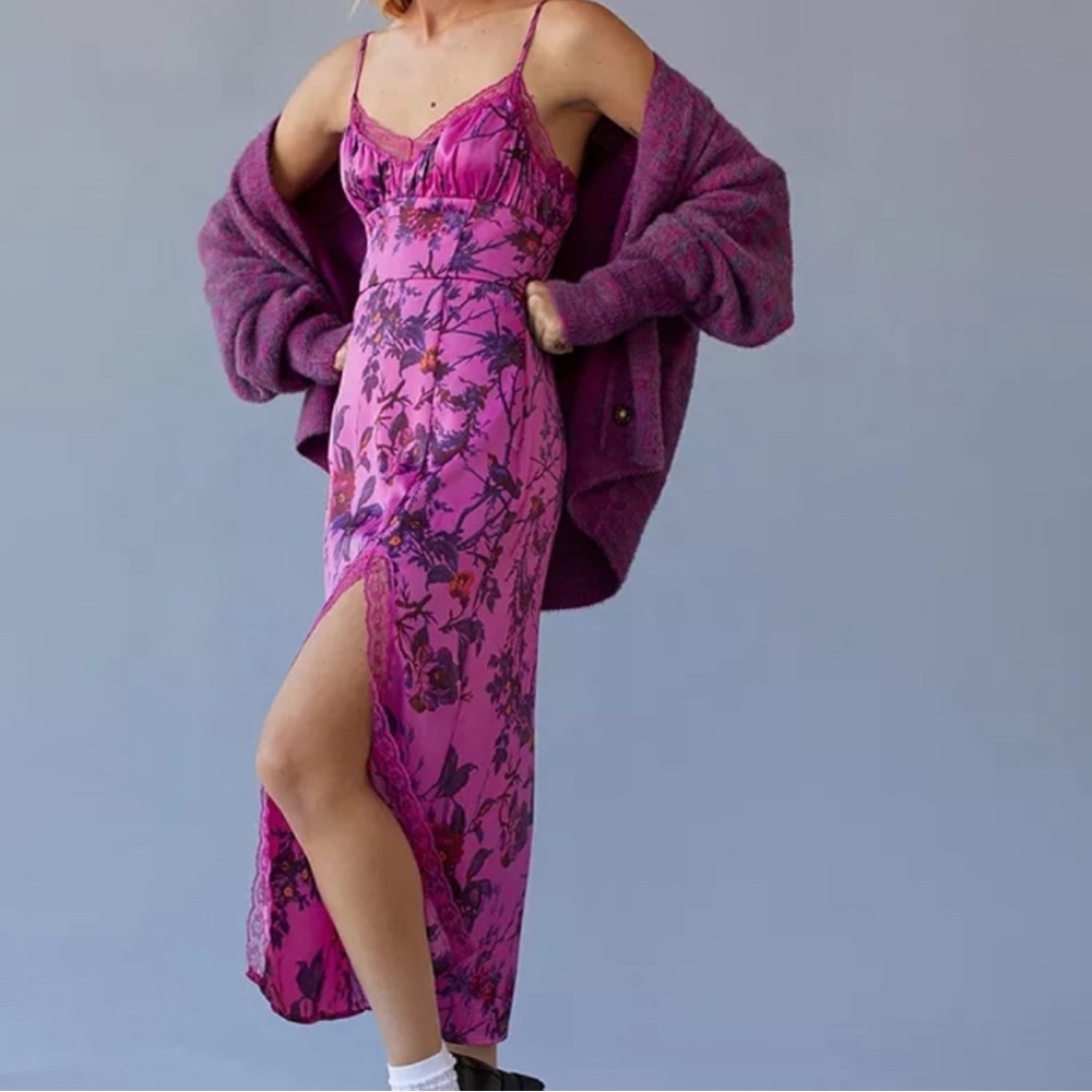 Urban Outfitters Slip Dress Audrey Purple Floral Lace Midi Satin Coquette